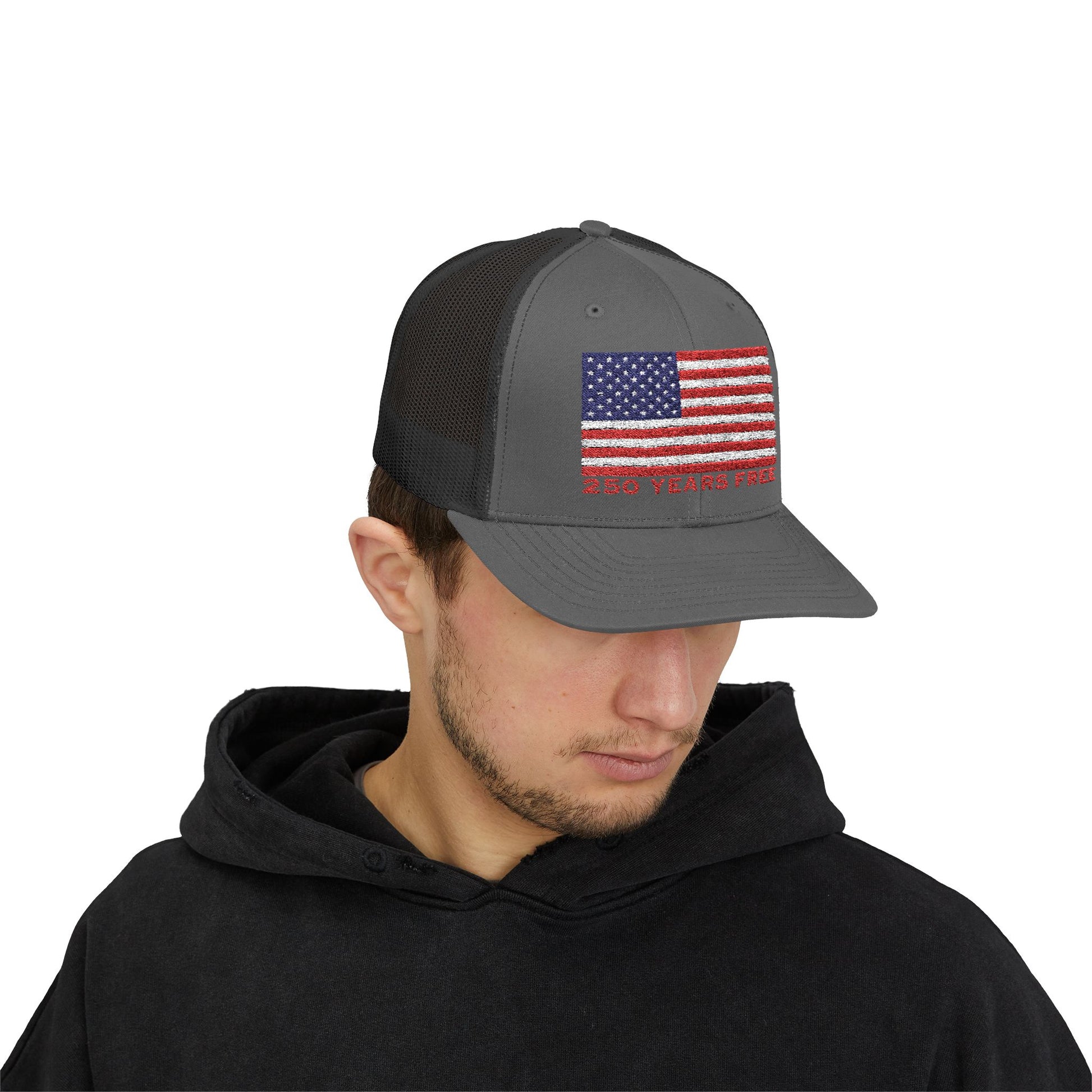 250 USA Patriotic Snapback Trucker Cap | American Flag Hat for Summer, 4th of July, BBQs, Outdoors | USA Stars and Stripes Design