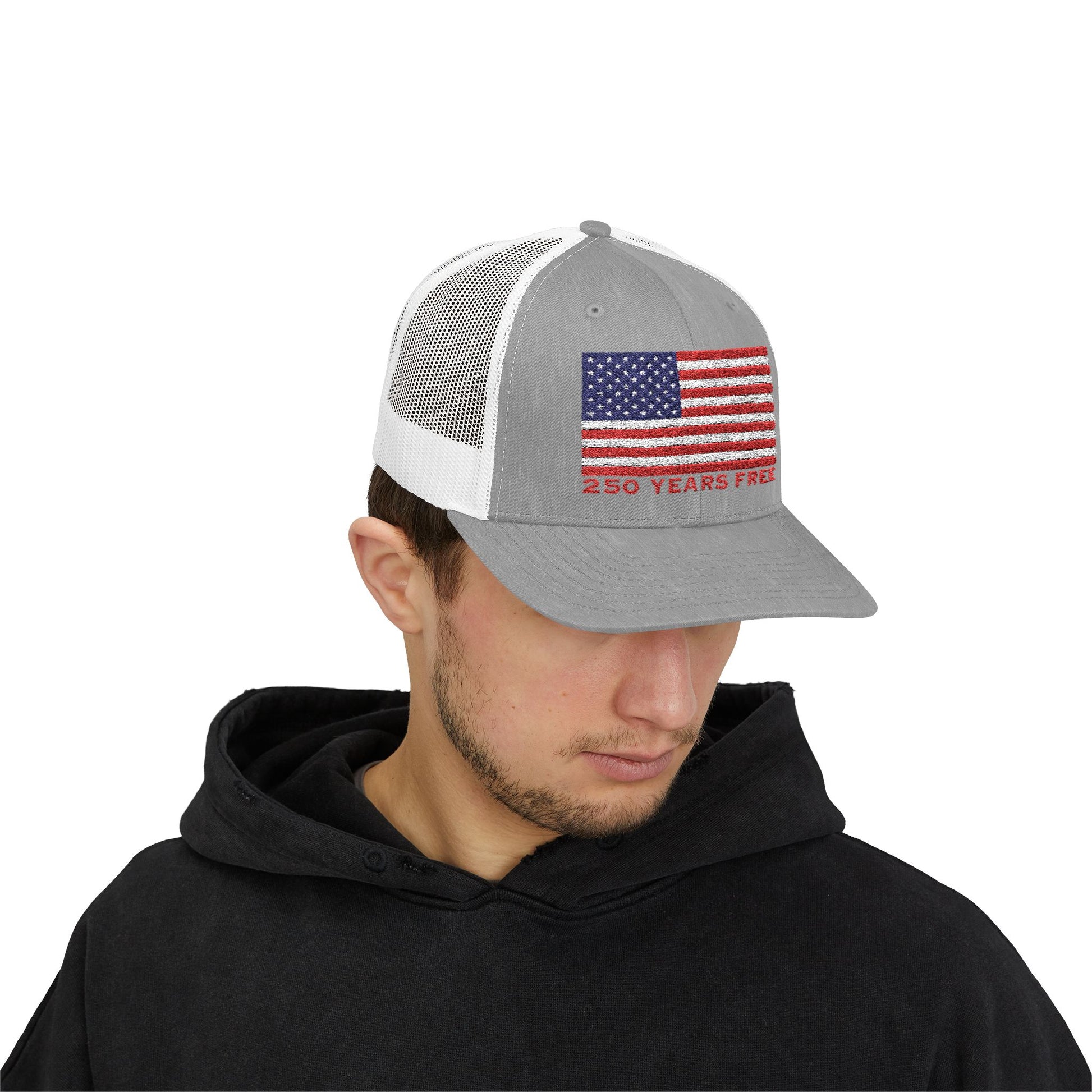 250 USA Patriotic Snapback Trucker Cap | American Flag Hat for Summer, 4th of July, BBQs, Outdoors | USA Stars and Stripes Design