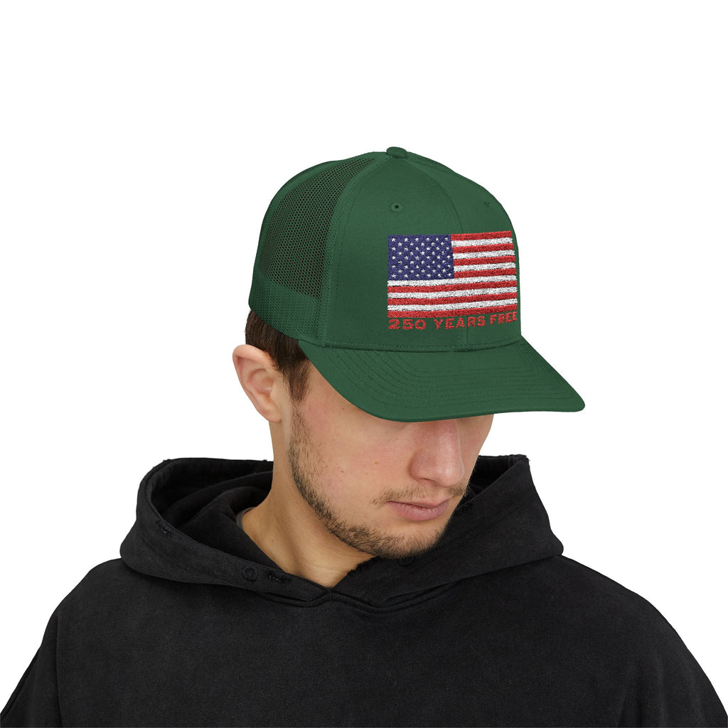 250 USA Patriotic Snapback Trucker Cap | American Flag Hat for Summer, 4th of July, BBQs, Outdoors | USA Stars and Stripes Design