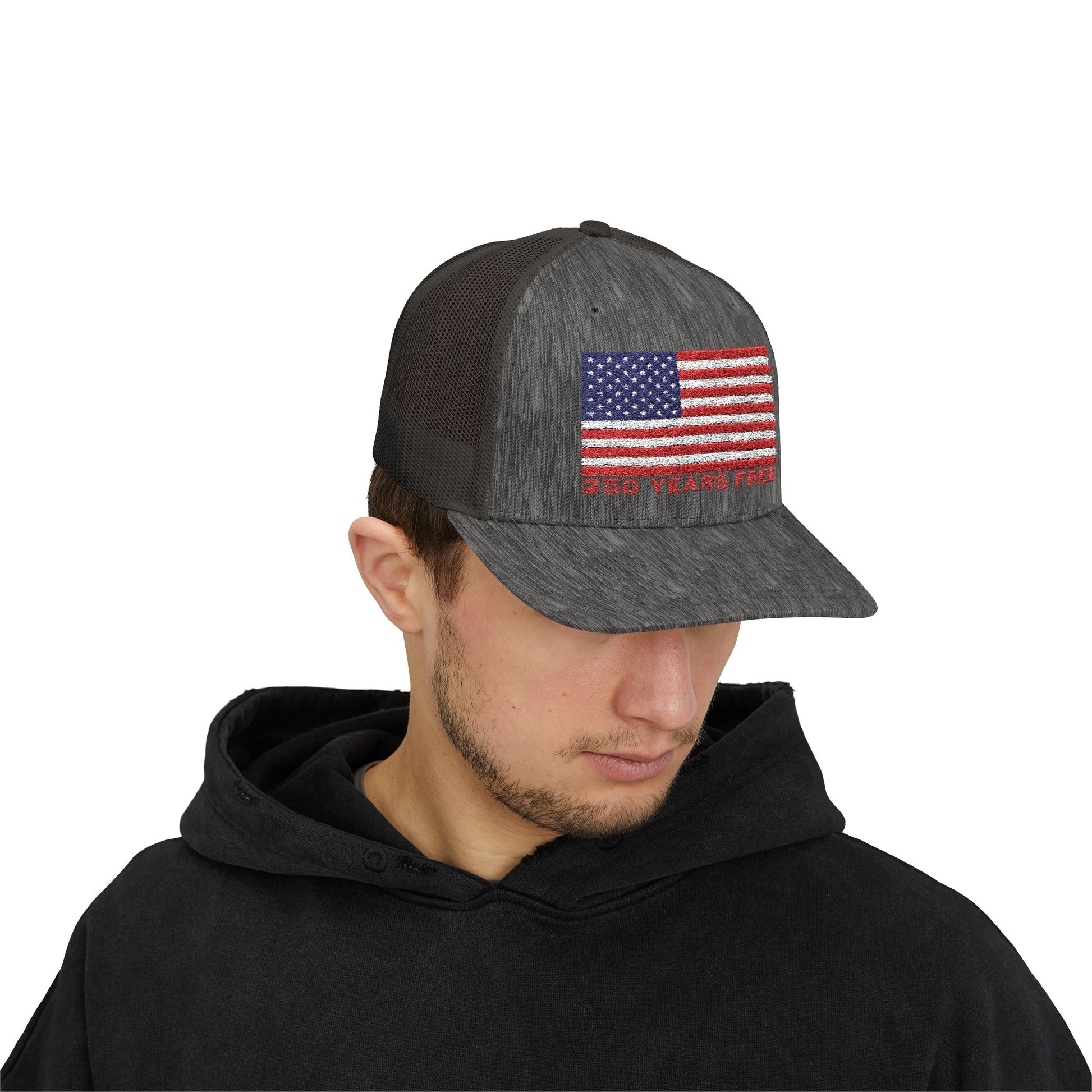 250 USA Patriotic Snapback Trucker Cap | American Flag Hat for Summer, 4th of July, BBQs, Outdoors | USA Stars and Stripes Design