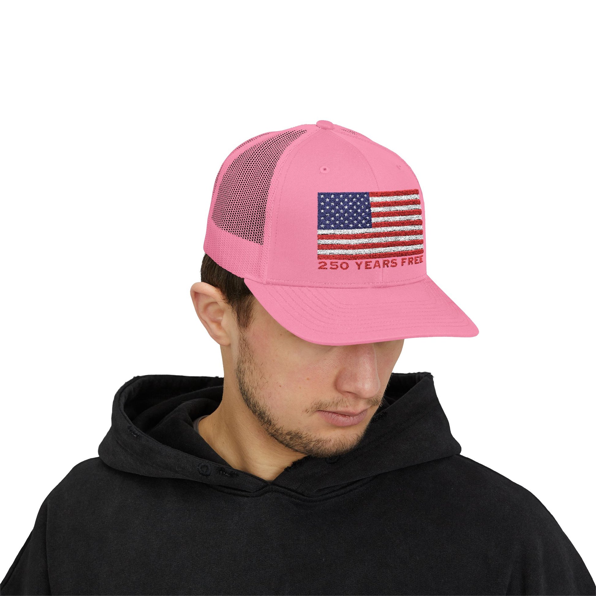 250 USA Patriotic Snapback Trucker Cap | American Flag Hat for Summer, 4th of July, BBQs, Outdoors | USA Stars and Stripes Design