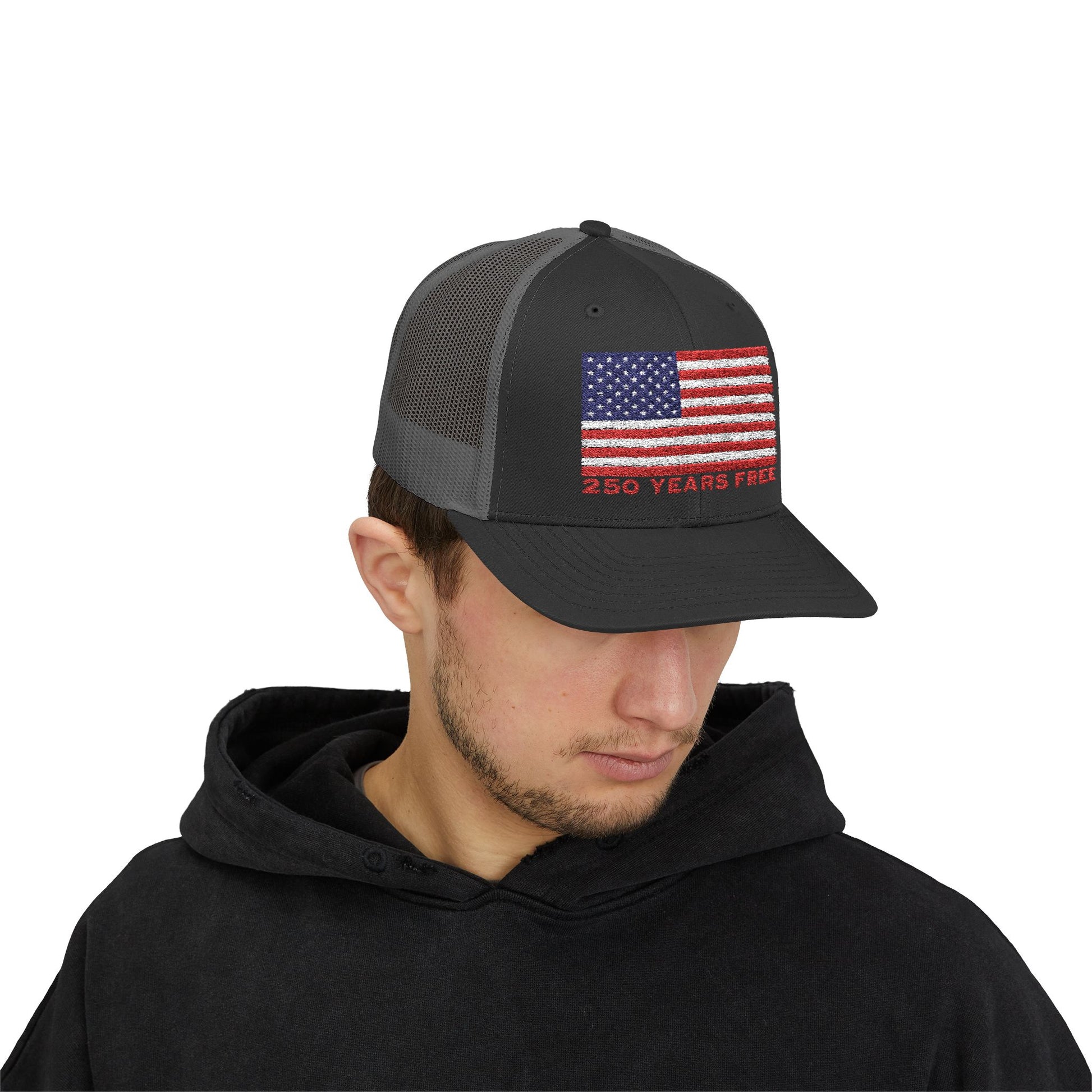 250 USA Patriotic Snapback Trucker Cap | American Flag Hat for Summer, 4th of July, BBQs, Outdoors | USA Stars and Stripes Design