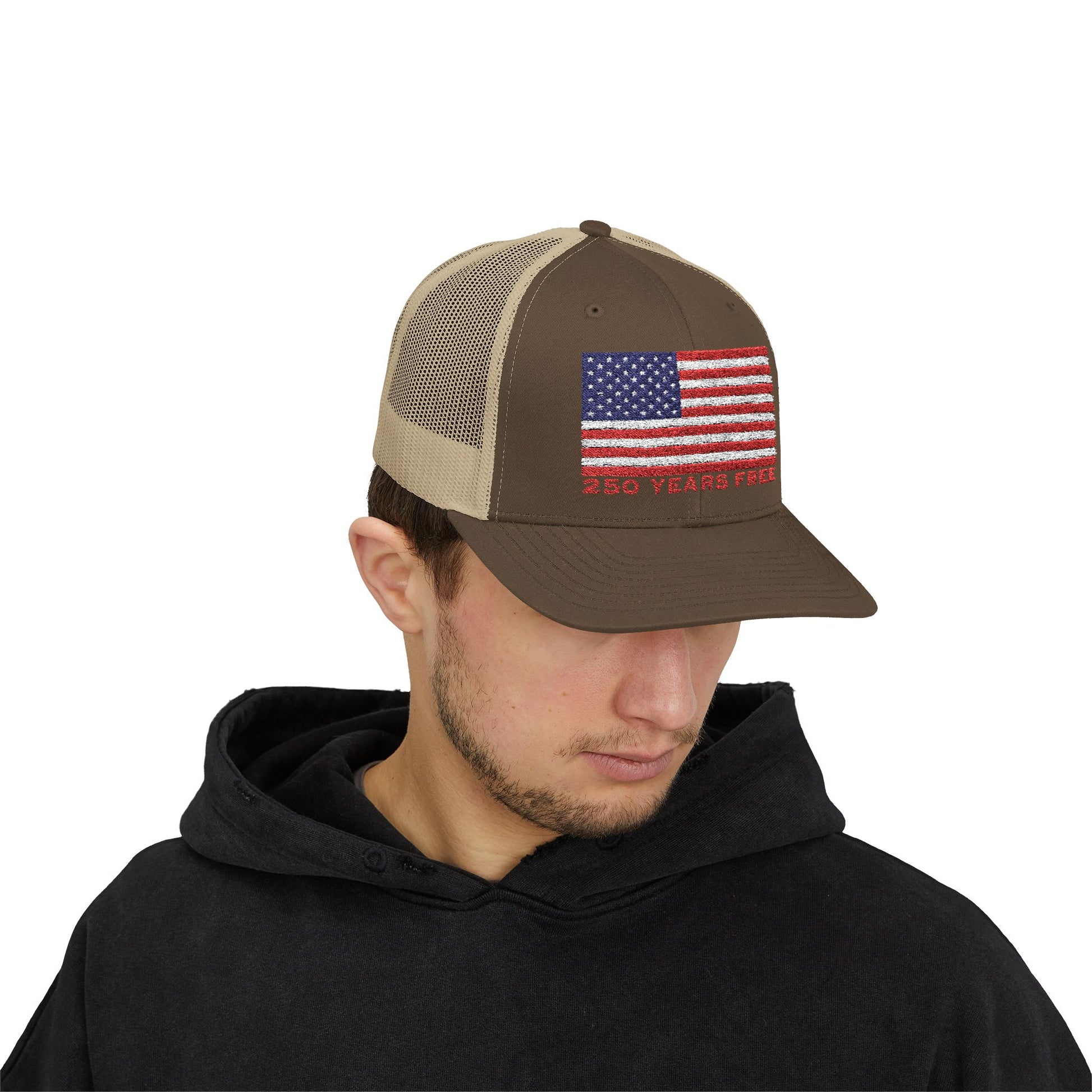 250 USA Patriotic Snapback Trucker Cap | American Flag Hat for Summer, 4th of July, BBQs, Outdoors | USA Stars and Stripes Design