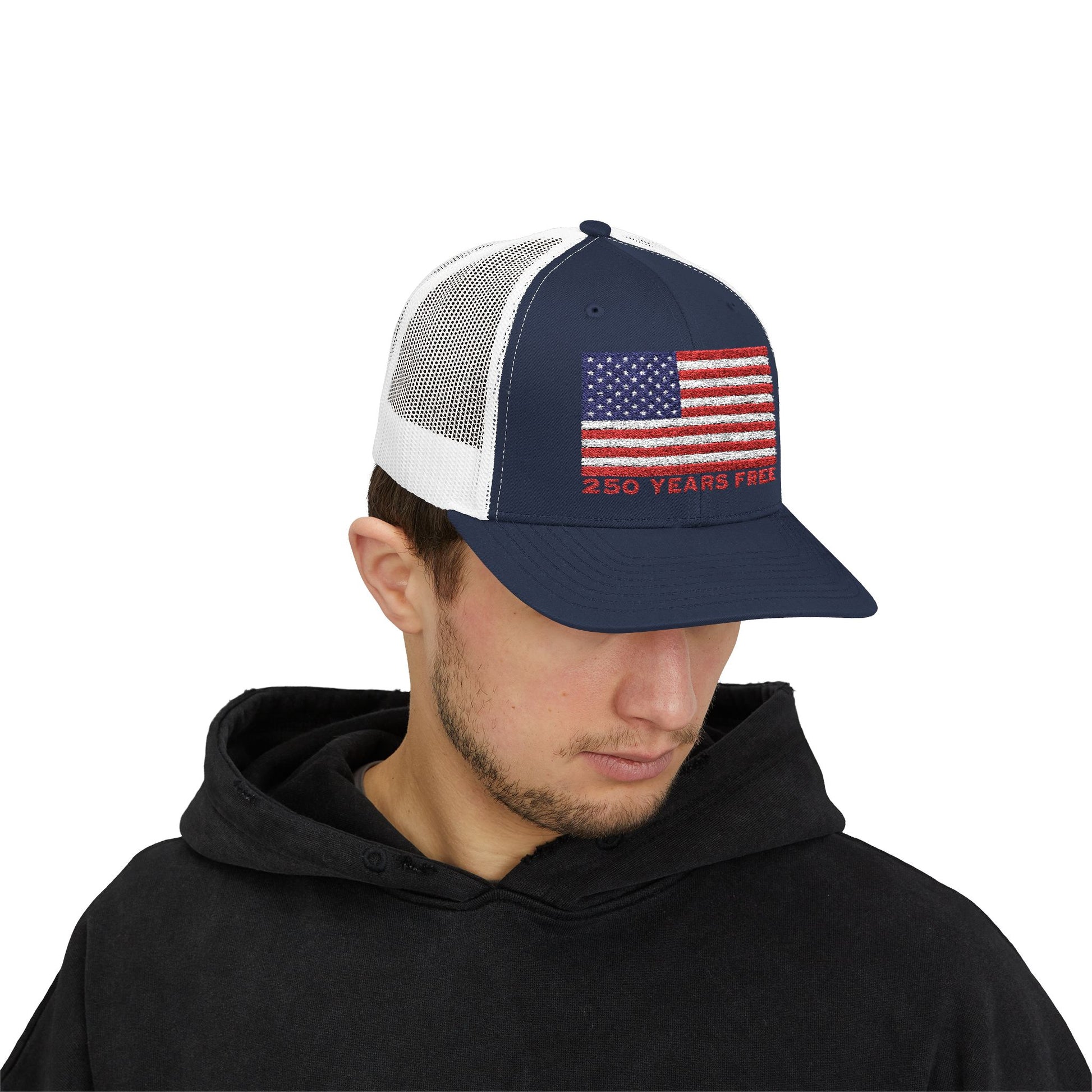 250 USA Patriotic Snapback Trucker Cap | American Flag Hat for Summer, 4th of July, BBQs, Outdoors | USA Stars and Stripes Design