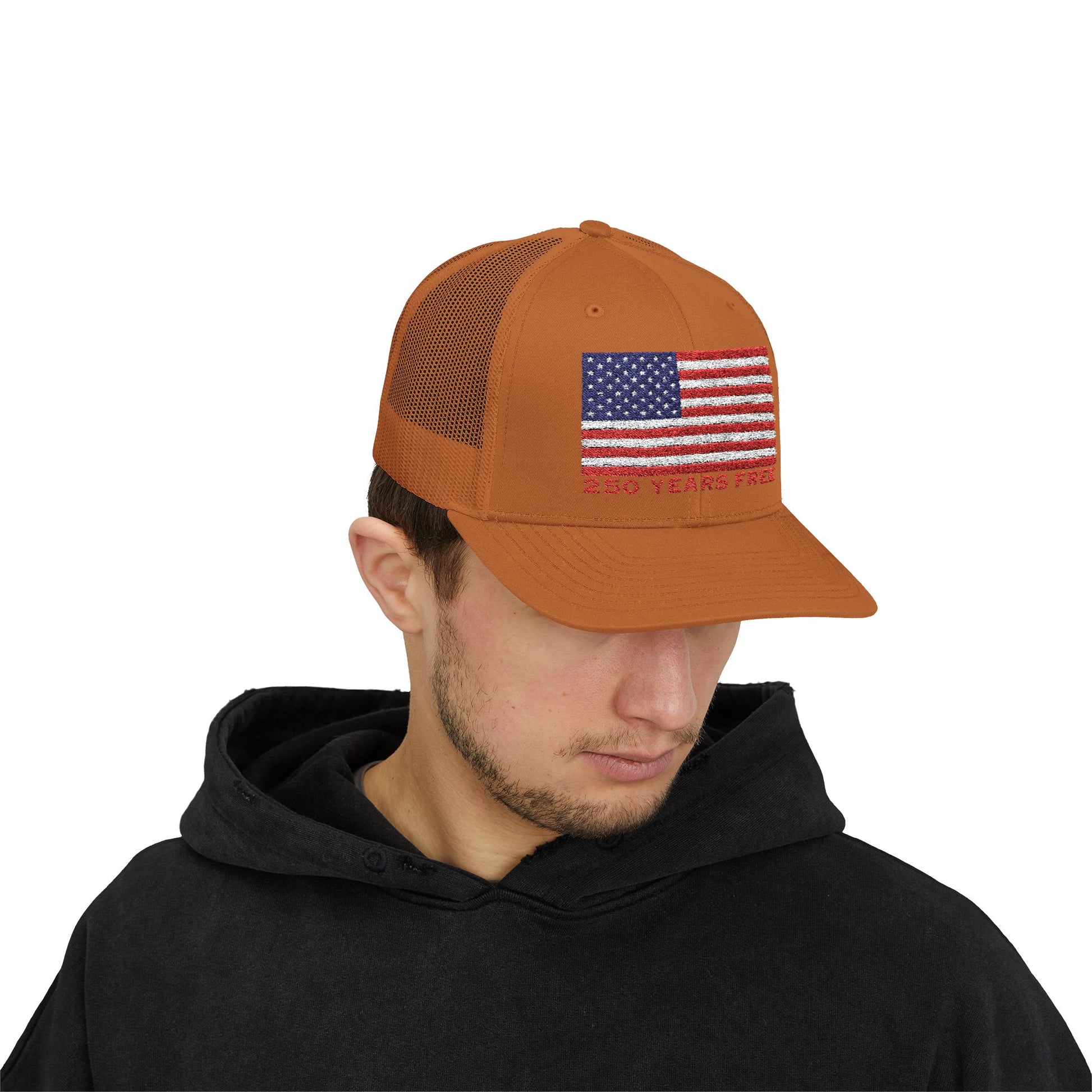 250 USA Patriotic Snapback Trucker Cap | American Flag Hat for Summer, 4th of July, BBQs, Outdoors | USA Stars and Stripes Design