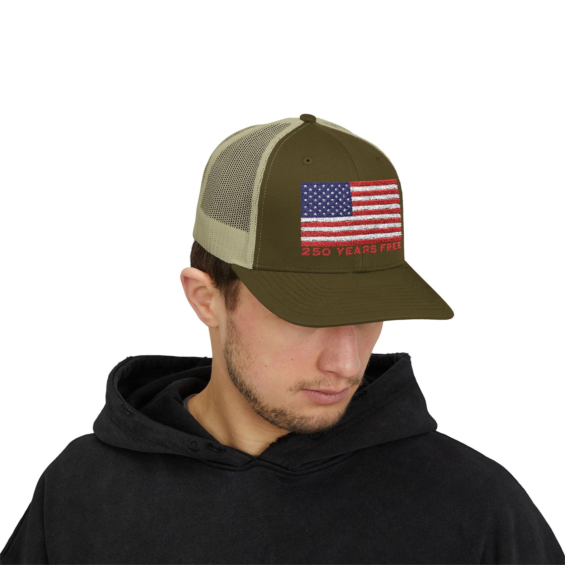250 USA Patriotic Snapback Trucker Cap | American Flag Hat for Summer, 4th of July, BBQs, Outdoors | USA Stars and Stripes Design