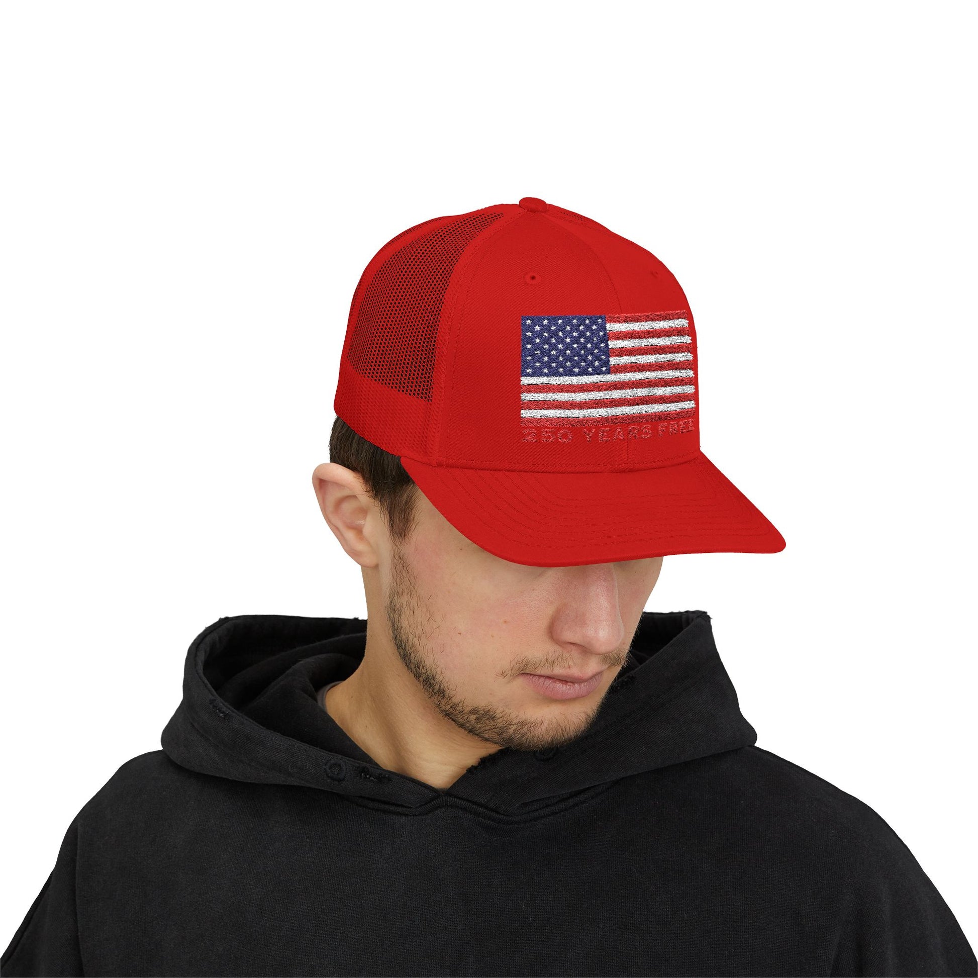 250 USA Patriotic Snapback Trucker Cap | American Flag Hat for Summer, 4th of July, BBQs, Outdoors | USA Stars and Stripes Design
