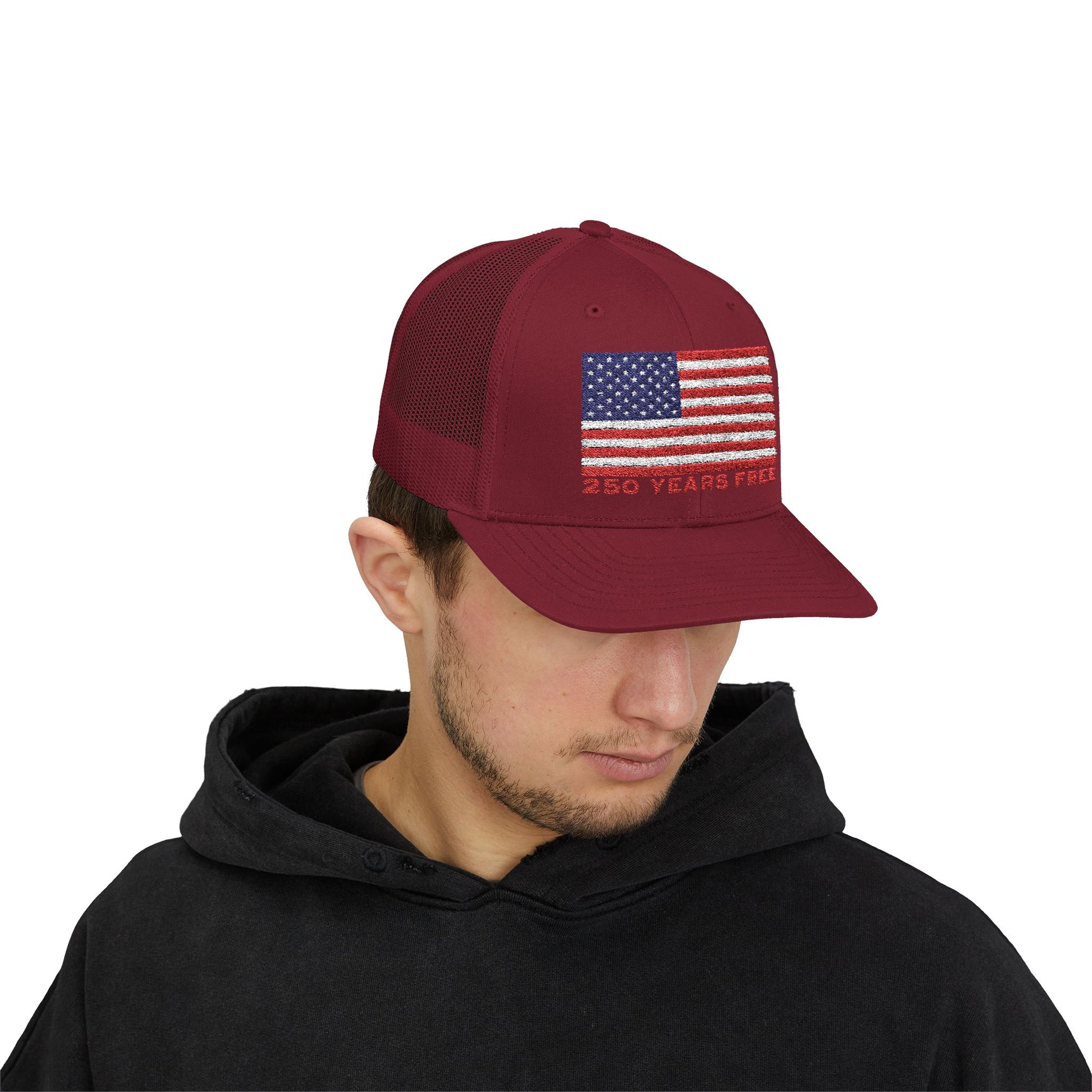 250 USA Patriotic Snapback Trucker Cap | American Flag Hat for Summer, 4th of July, BBQs, Outdoors | USA Stars and Stripes Design