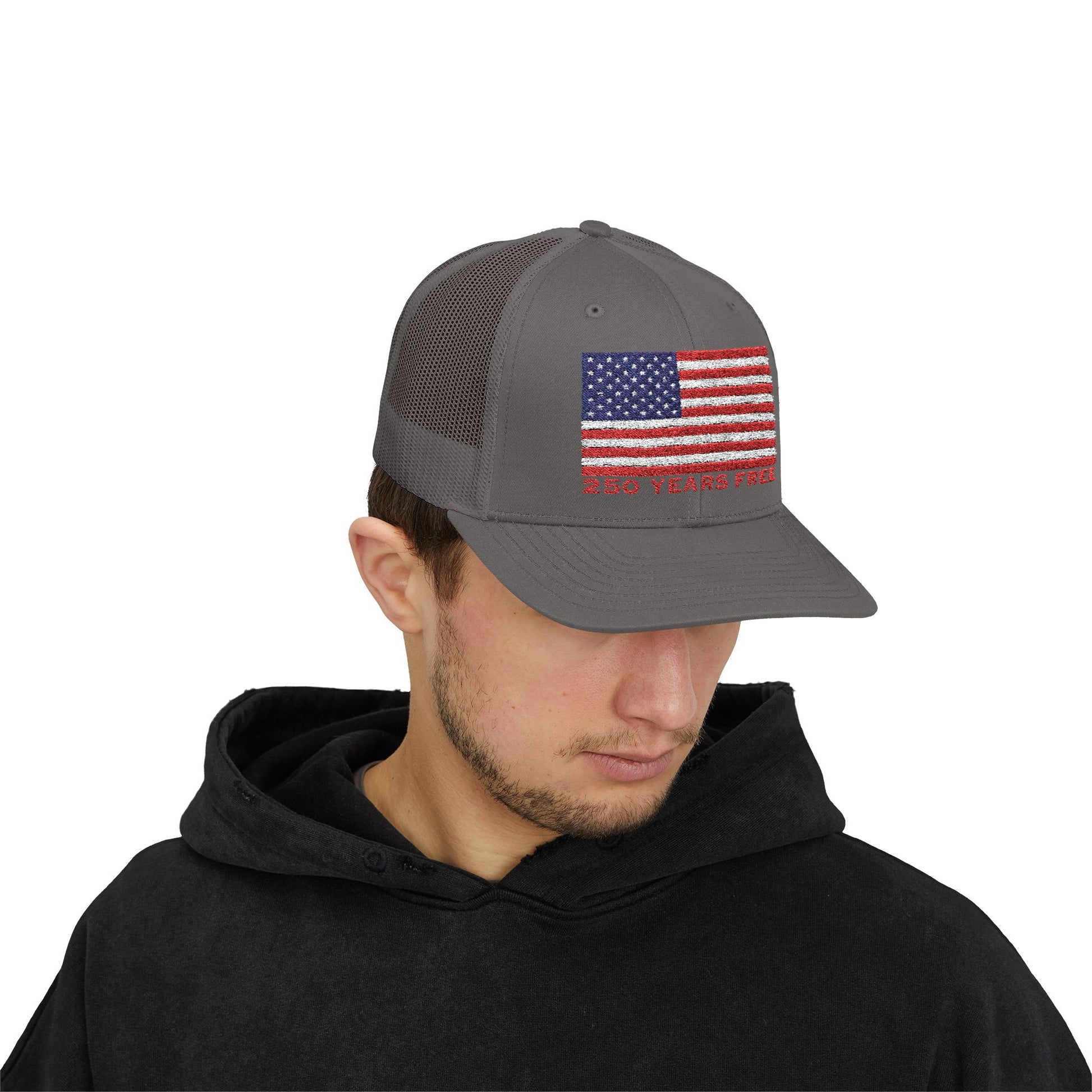 250 USA Patriotic Snapback Trucker Cap | American Flag Hat for Summer, 4th of July, BBQs, Outdoors | USA Stars and Stripes Design
