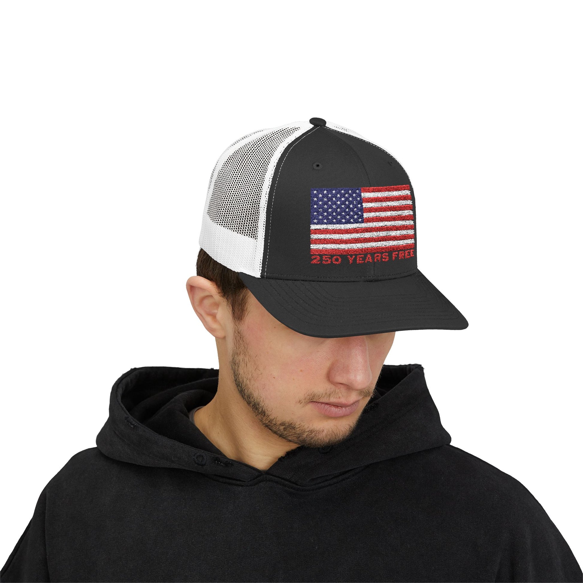 250 USA Patriotic Snapback Trucker Cap | American Flag Hat for Summer, 4th of July, BBQs, Outdoors | USA Stars and Stripes Design
