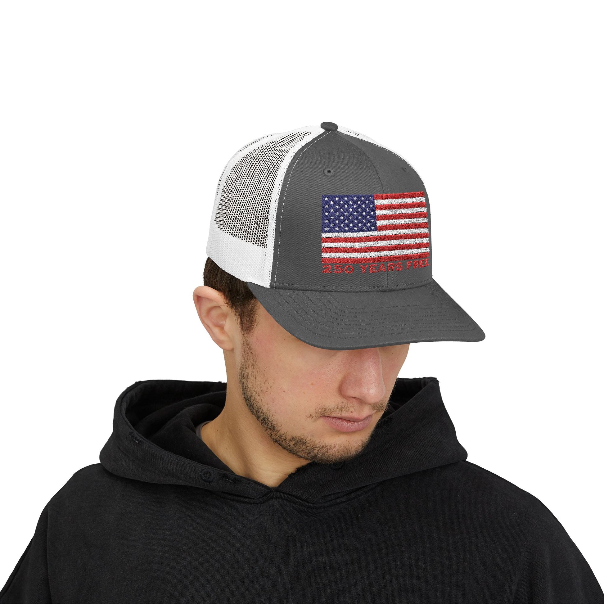 250 USA Patriotic Snapback Trucker Cap | American Flag Hat for Summer, 4th of July, BBQs, Outdoors | USA Stars and Stripes Design