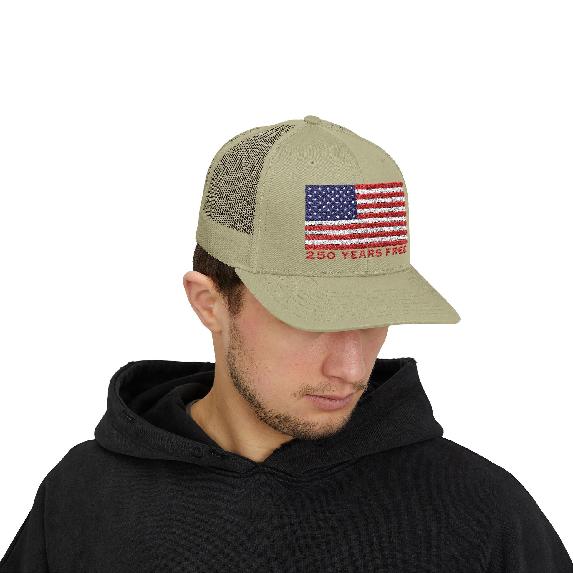 250 USA Patriotic Snapback Trucker Cap | American Flag Hat for Summer, 4th of July, BBQs, Outdoors | USA Stars and Stripes Design