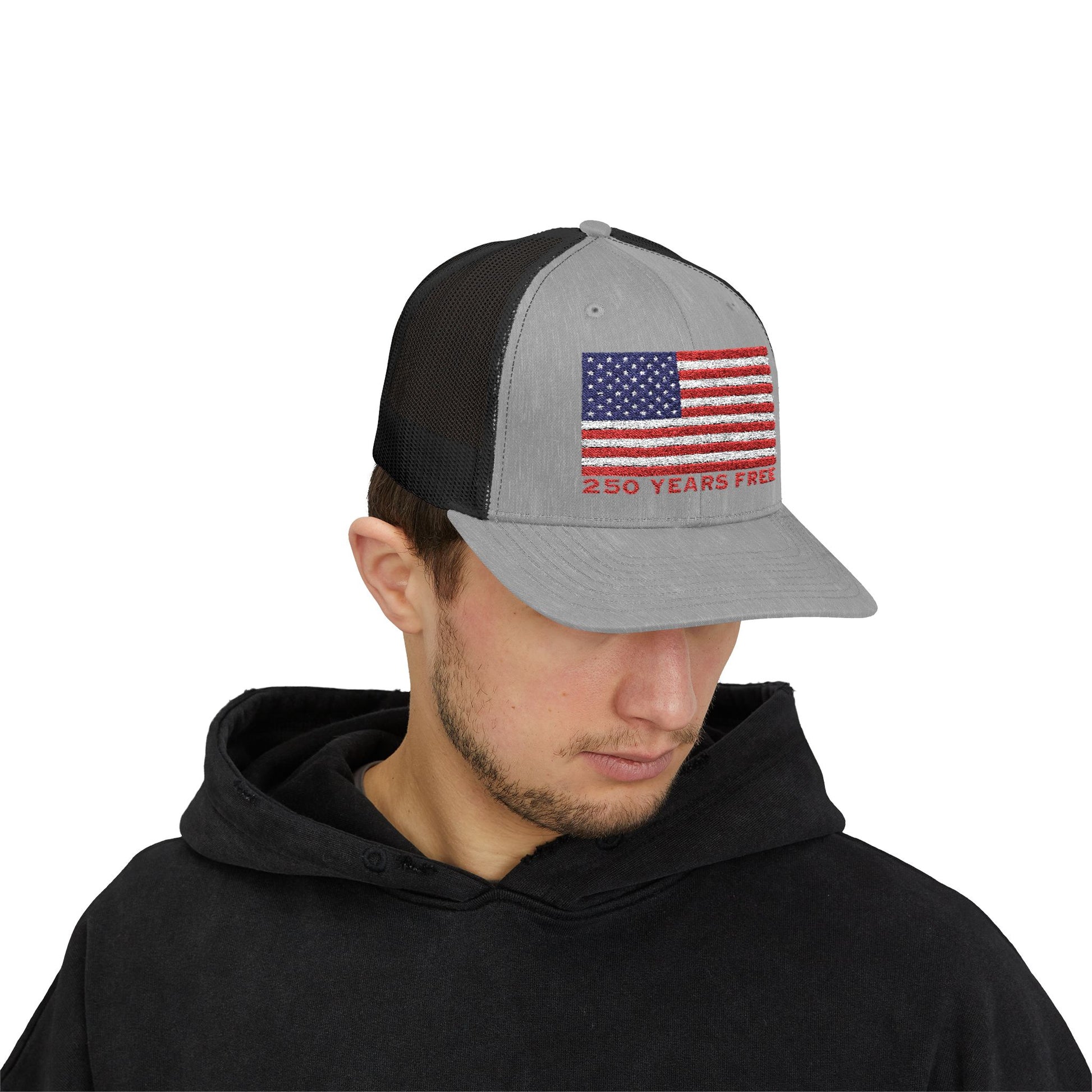 250 USA Patriotic Snapback Trucker Cap | American Flag Hat for Summer, 4th of July, BBQs, Outdoors | USA Stars and Stripes Design